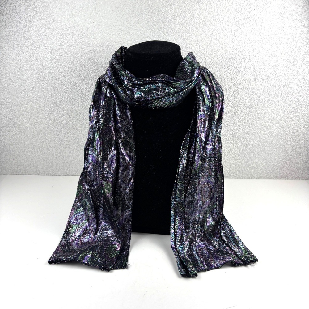 Vtg Metallic Paisley Scarf Womens OS Purple Green Iridescent 70's 80's Festival